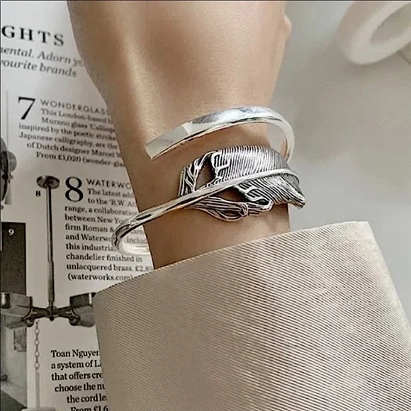 Silver Feather Bangle Cuff Bracelet - Picture 5 of 9